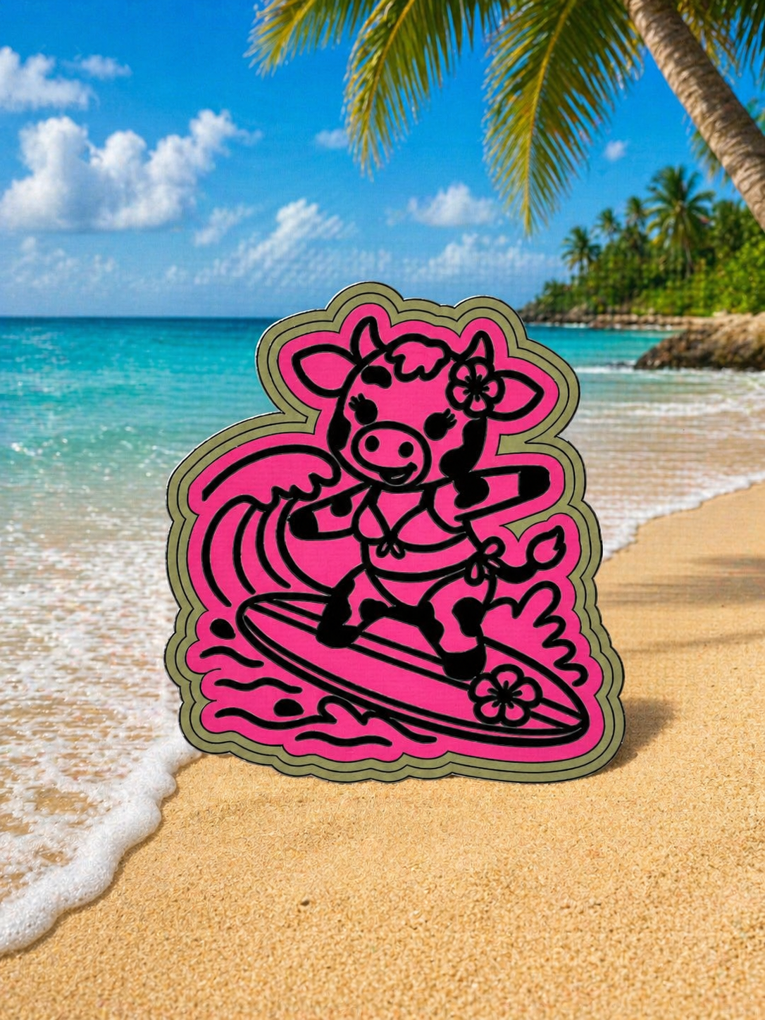 Cow wearing a bikini surfing 