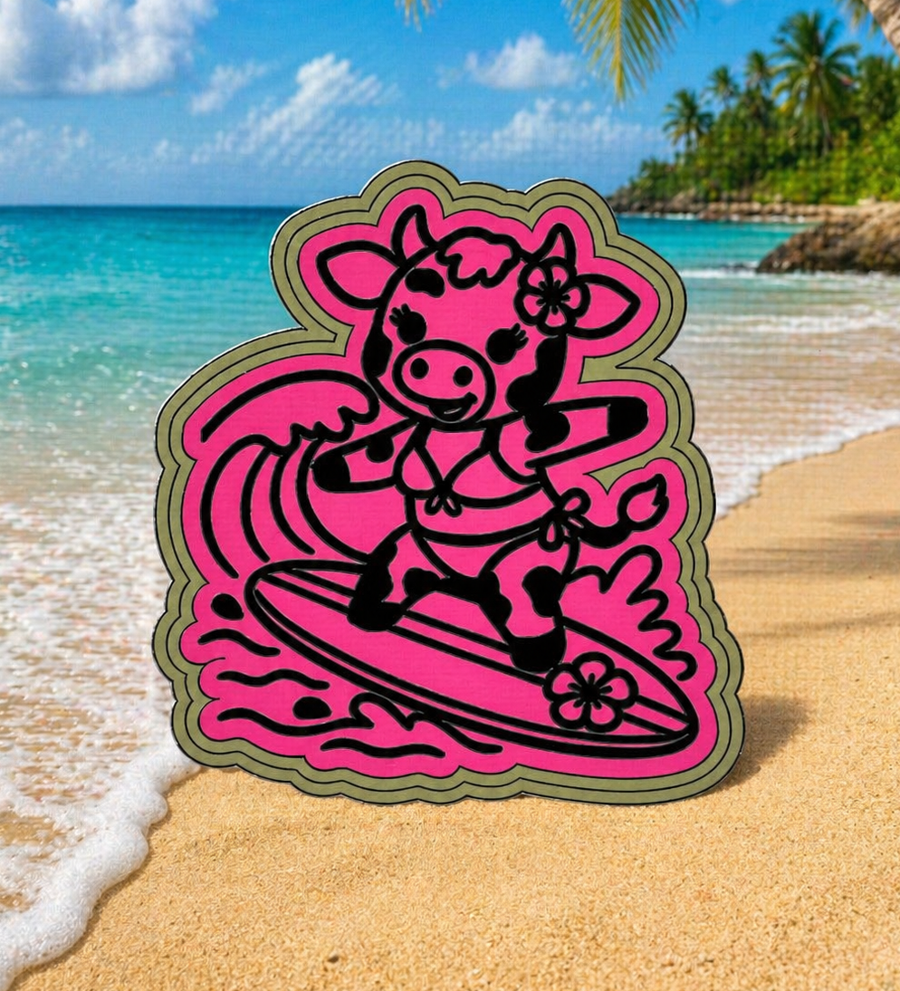 Cow wearing a bikini surfing ￼